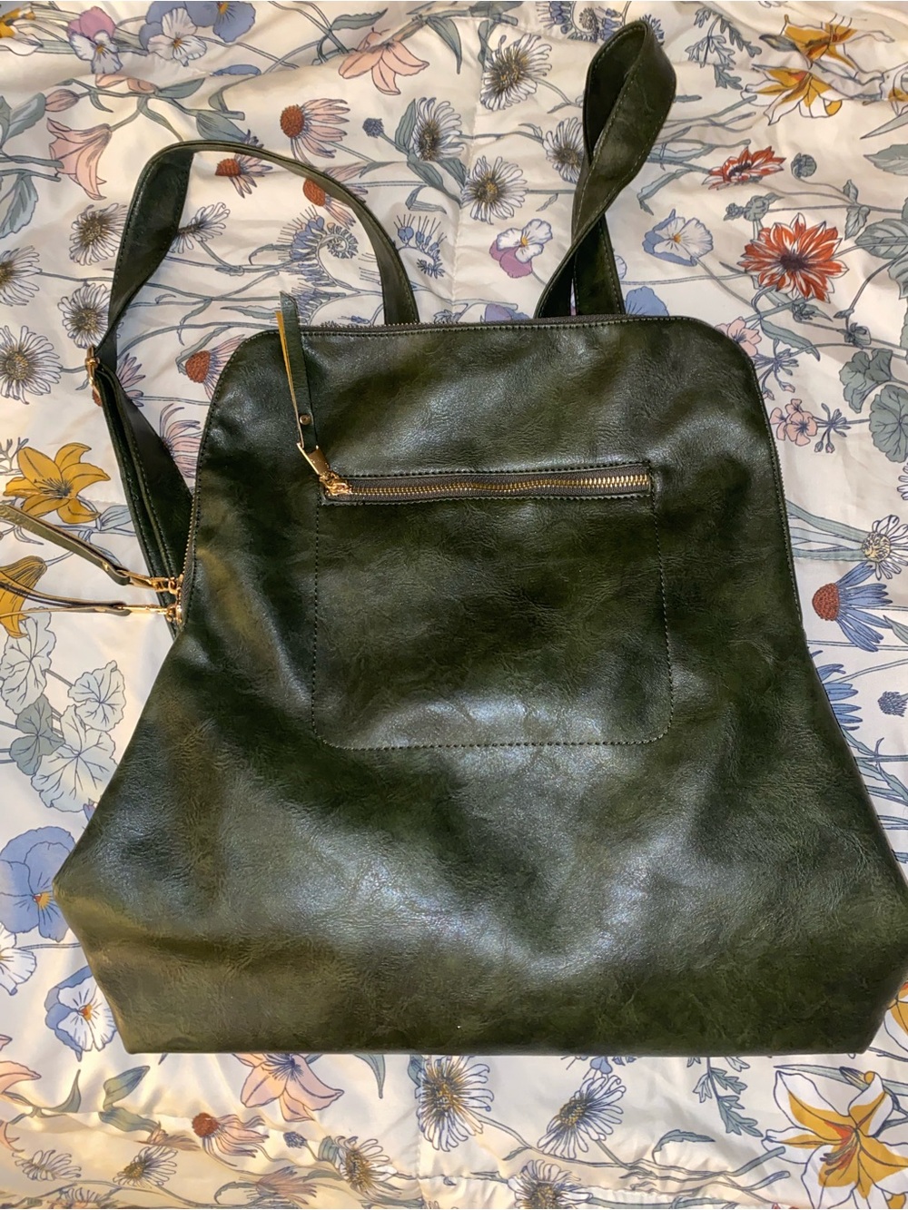 Dark Green Faux-Leather Backpack/Bag with Front Zip Pocket